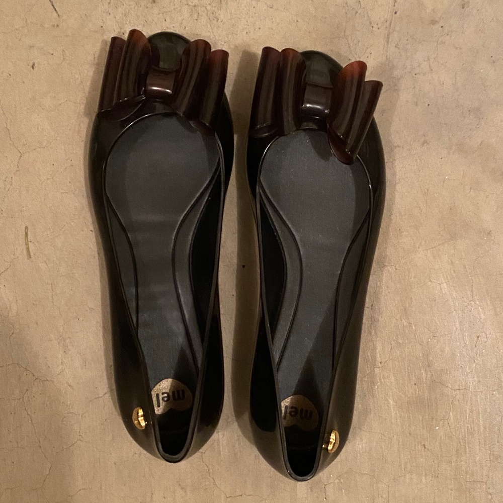 Authentic Melissa Black Jelly Ballet Flats with Tortoise Bow US5